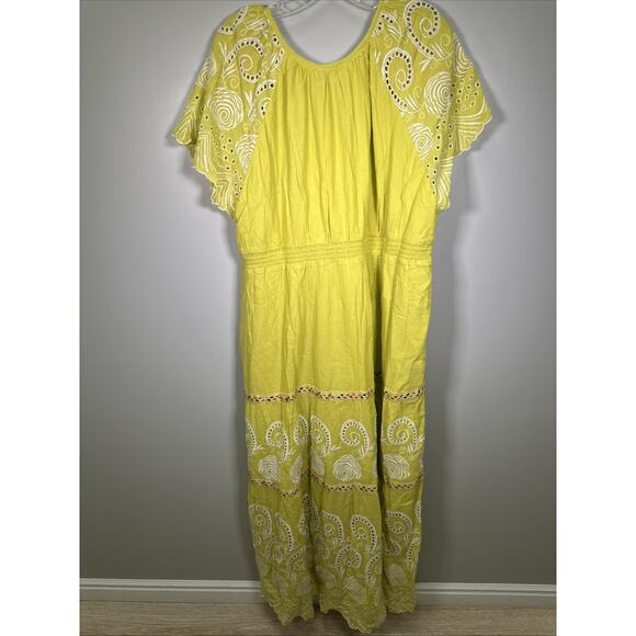Sundance Remi Eyelet Maxi Dress XXL Bright Yellow Green Embroidered Cotton Flowy - Picture 2 of 12